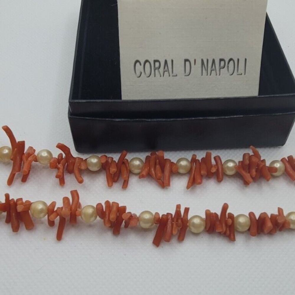 Coral D'Napoli Red Branch Coral And Pearl Bead Necklace 15.5 Inch